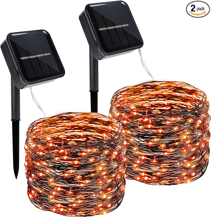 2 Pack Outdoor Solar String Lights, 39.4 FT 120 LED Solar Powered Decorative Fairy Lights with 8 Modes, Waterproof Black Wire Light for Thanksgiving, Patio, Yard, and Party, Orange