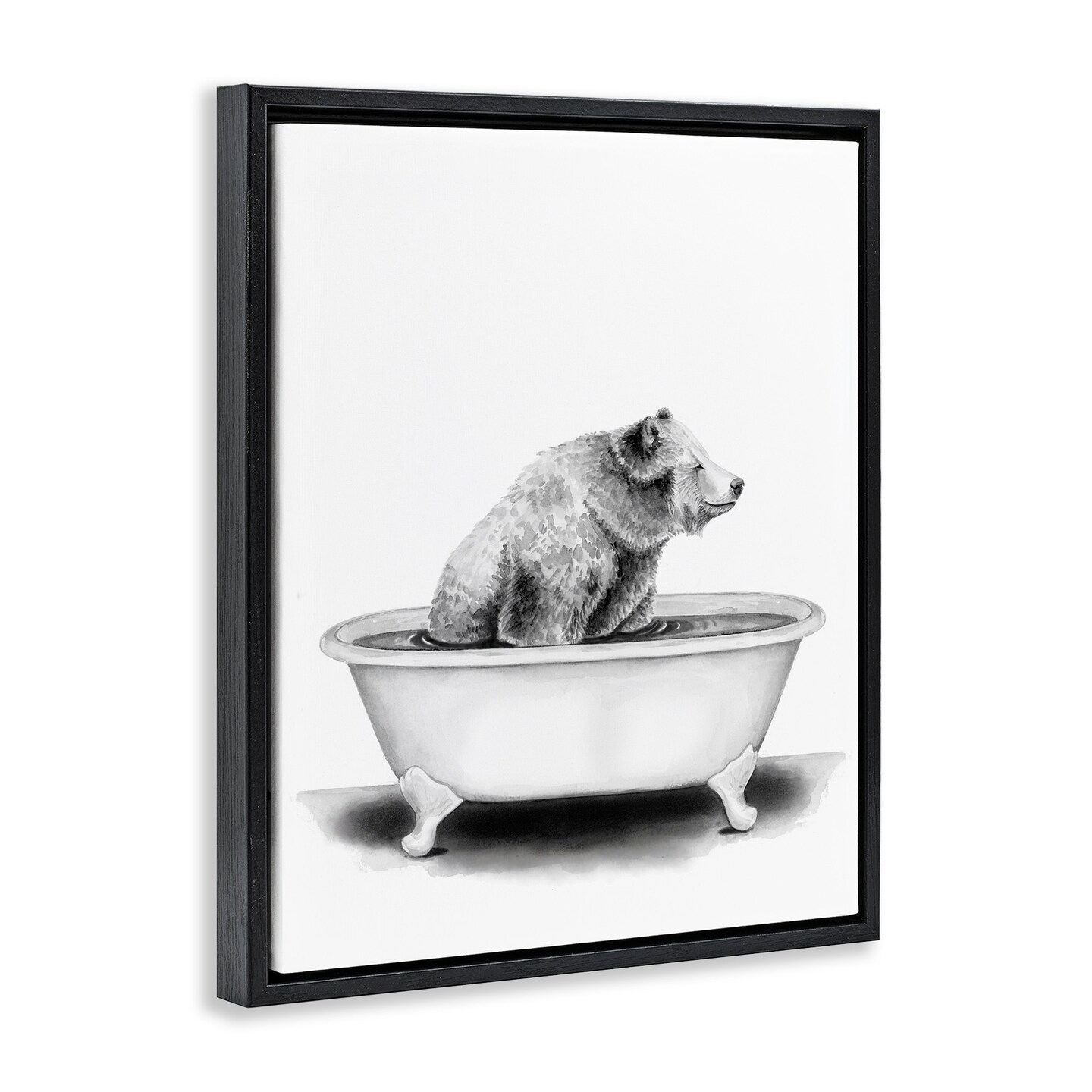 Stupell Industries Bear In Tub Rustic Bathroom Drawing Framed Floater Canvas Wall Art