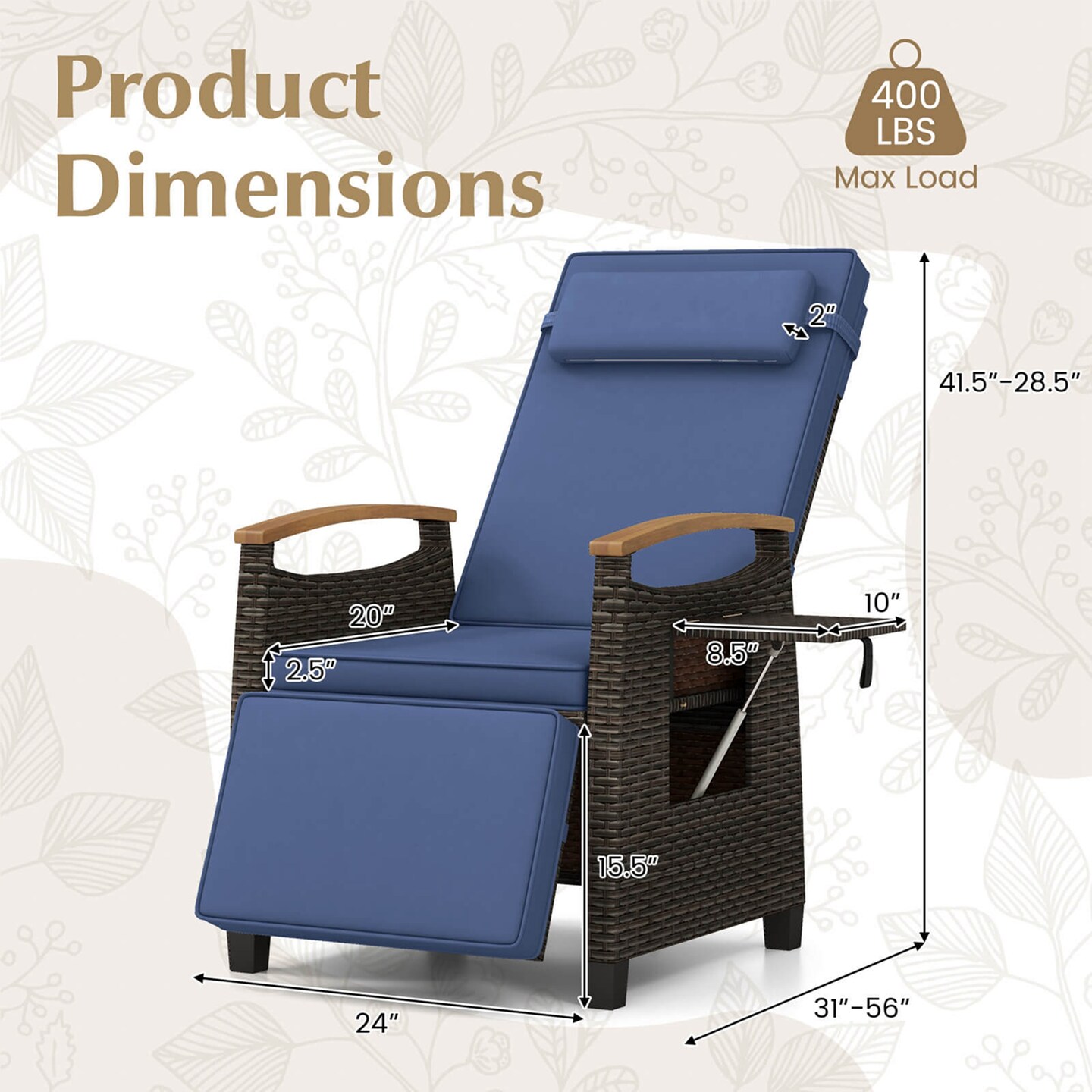 Costway 1/2 PCS Patio Wicker Recliner Chair with Adjustable Backrest Footrest Flip Side Table Navy