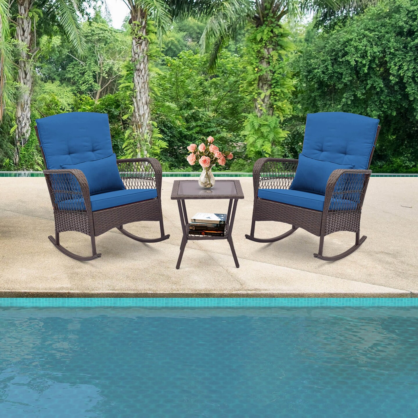 Costway 3 PCS Patio Rocker Set Outdoor Wicker Rocking Chairs with Double-Layer Coffee Table Gray/Navy/Beige/Red