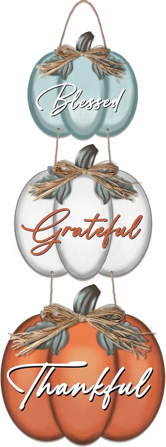 3 Pieces of Pumpkin Decor Grateful Thankful Blessed Wall Signs, Rustic Hanging. Welcome Door Sign for Autumn Harvest Thanksgiving Halloween Door Wall Decoration Indoor Outdoor Fall Decor for the Home