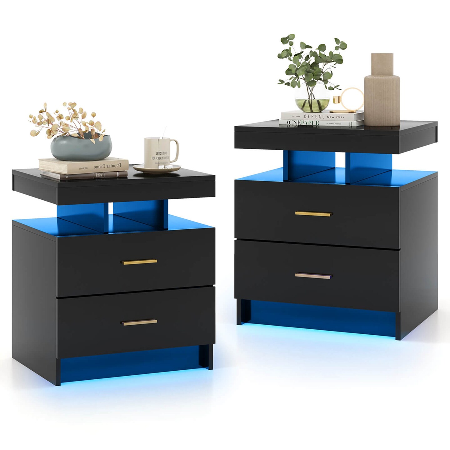 Costway LED Nightstand Set of 1/2 with 2 Storage Drawers Adjustable Light Mode Remote Control