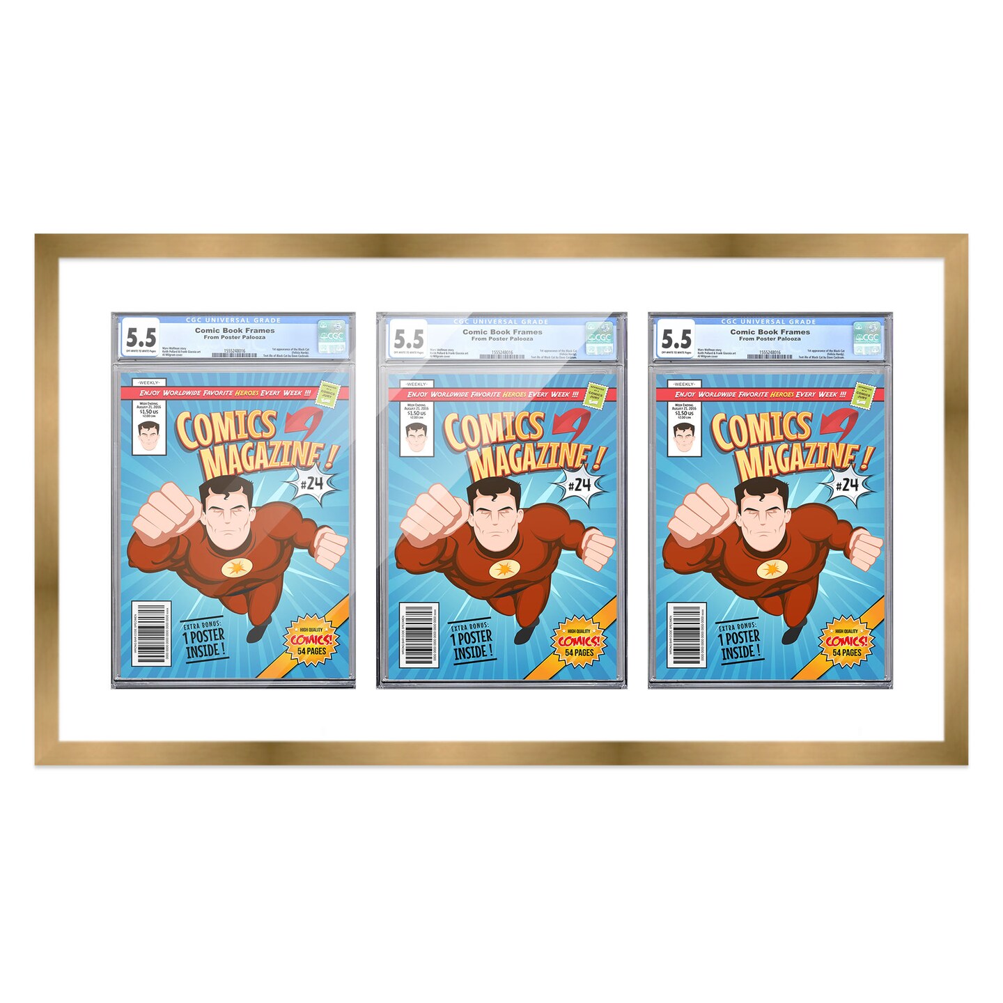Comic Book Display Frame for CGC, PGX Graded, Slabed Comics - Bronze Wood Comic Frame With White Mat for 8.125x13 Comics, 18 Frame Sizes