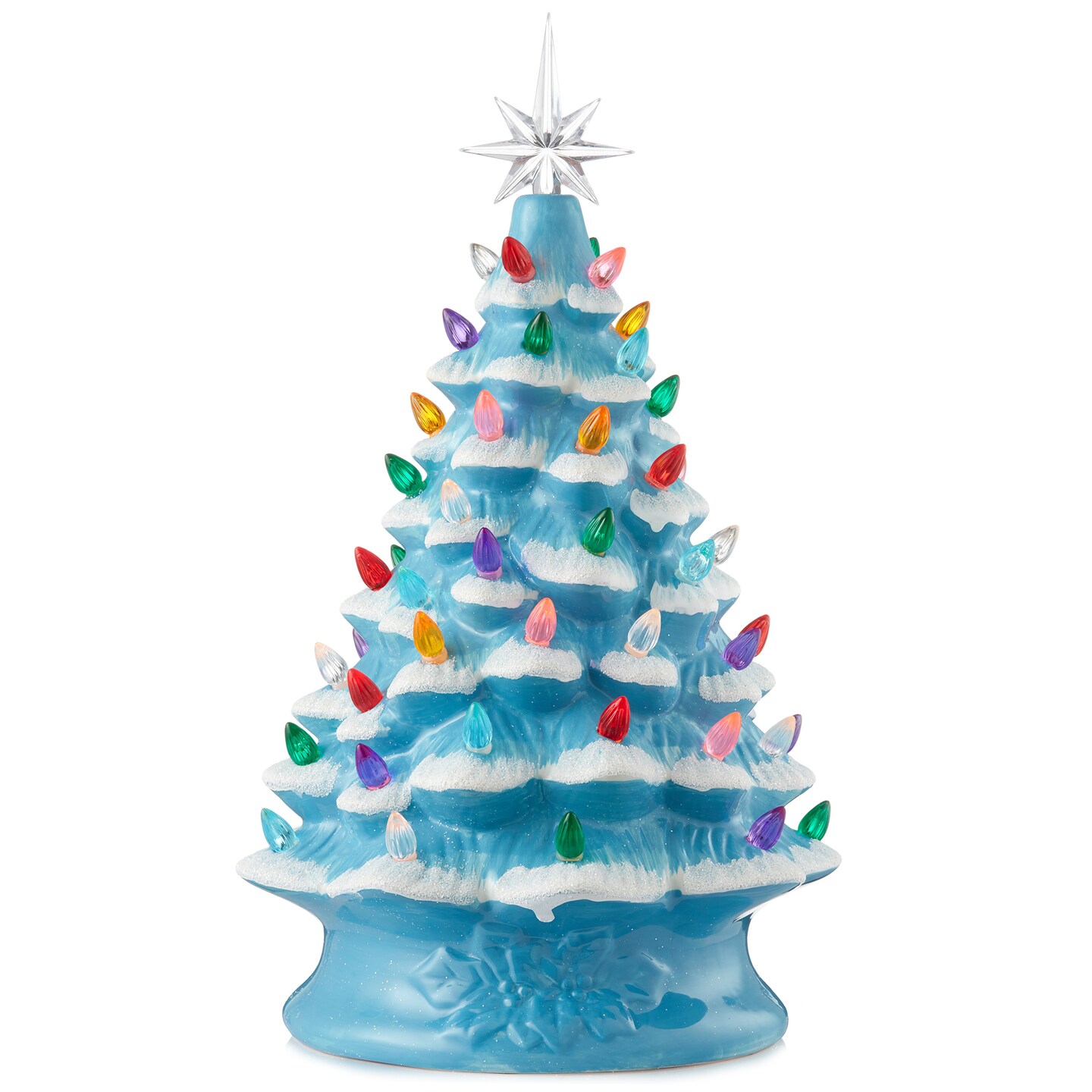 Casafield Hand Painted Ceramic Christmas Tree, Blue Snow Flocked  15-Inch Pre-Lit Tree with 128 Multi Color Lights and 2 Star Toppers