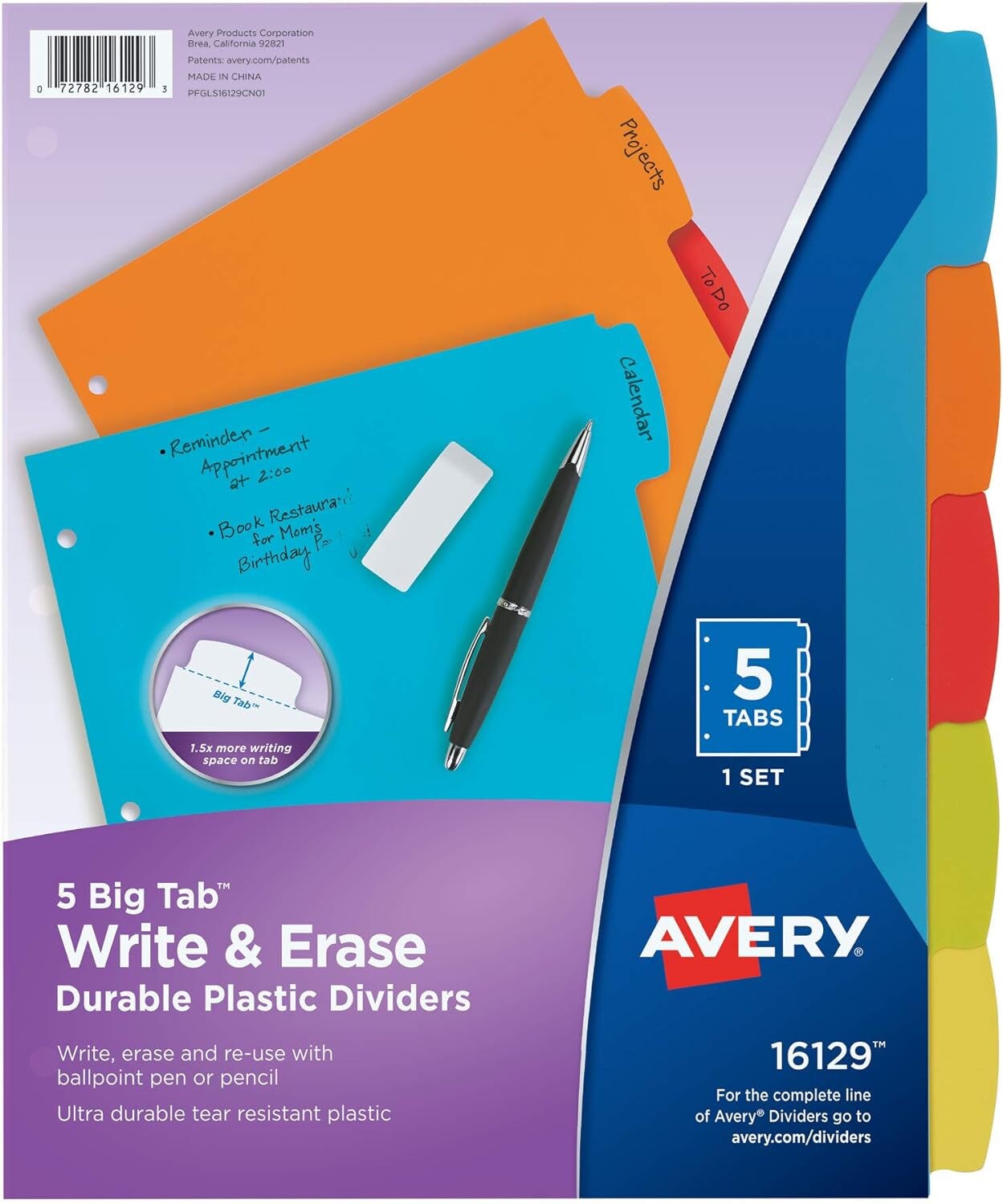 Big Tab Write &#x26; Erase Durable Plastic Dividers for 3 Ring Binders, 5-Tab Set, Bright Multicolor, 1 Set (16129)