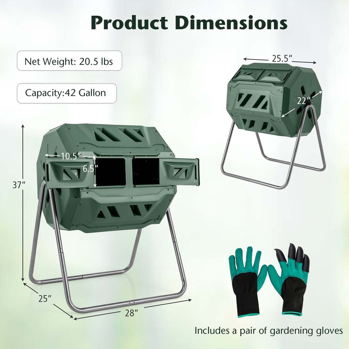 Costway 42-Gal Compost Bin Dual Chamber Composting Tumbler with 2 Sliding Doors Metal Frame Black/Green