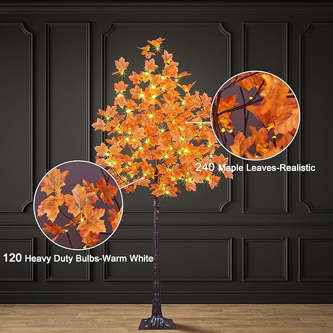 6FT 120LED Artificial Lighted Maple Tree Warm White Fall Decorations Indoor or Outdoor, Orange