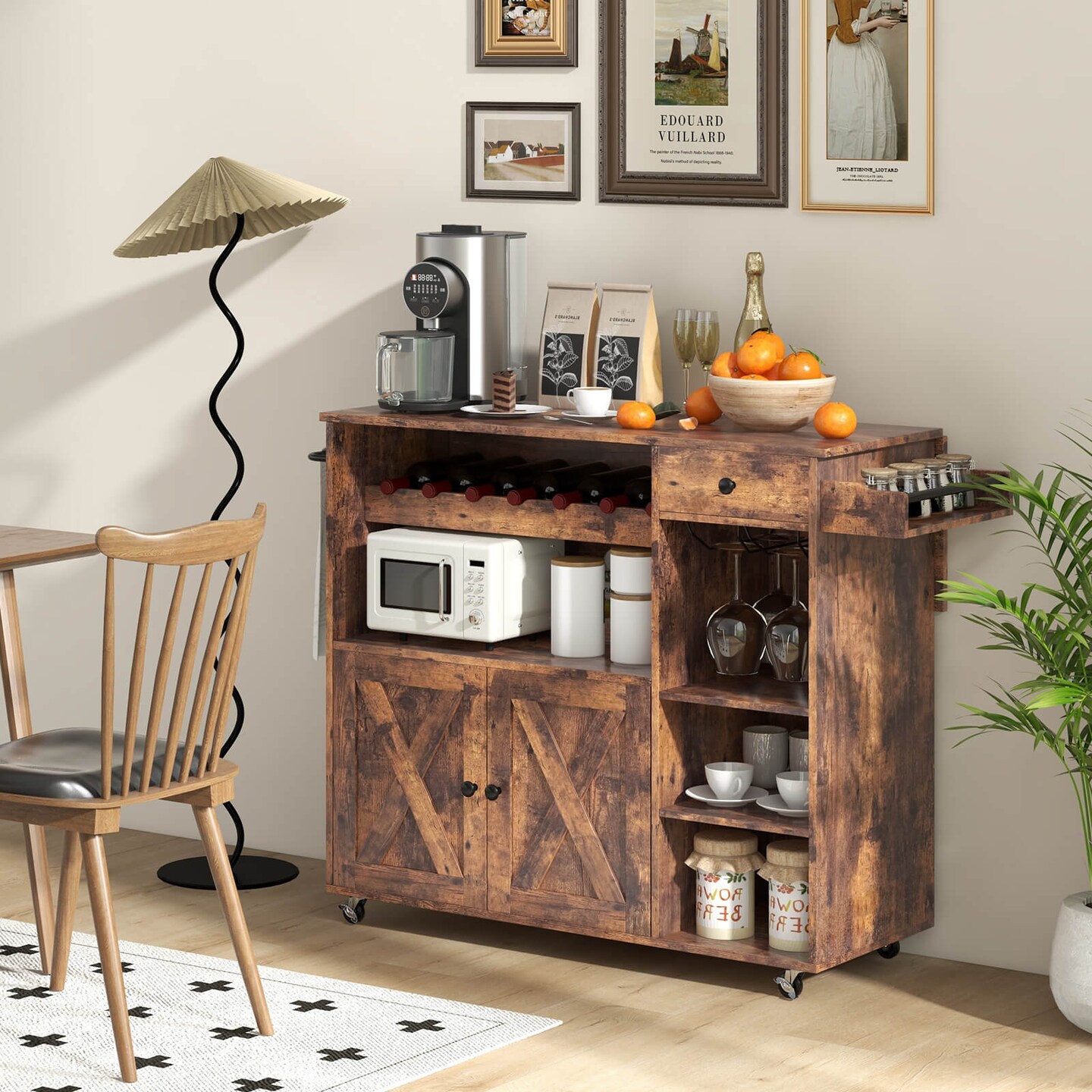 Costway Rolling Kitchen Island Cart with Drop Leaf Wine Rack Stemware Holder Rustic Brown