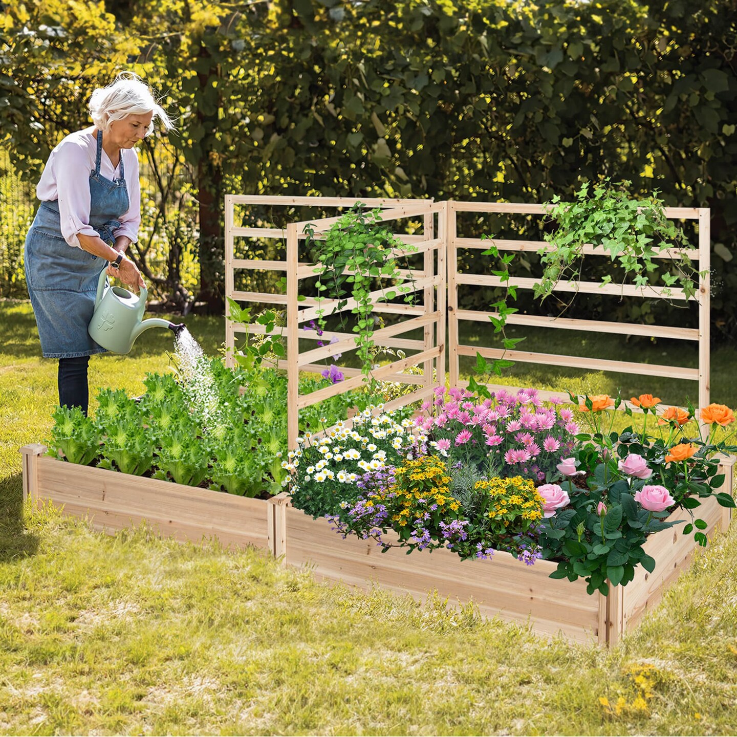 Costway Raised Garden Bed with 3 Trellises with Divided Compartments for Flowers Natural