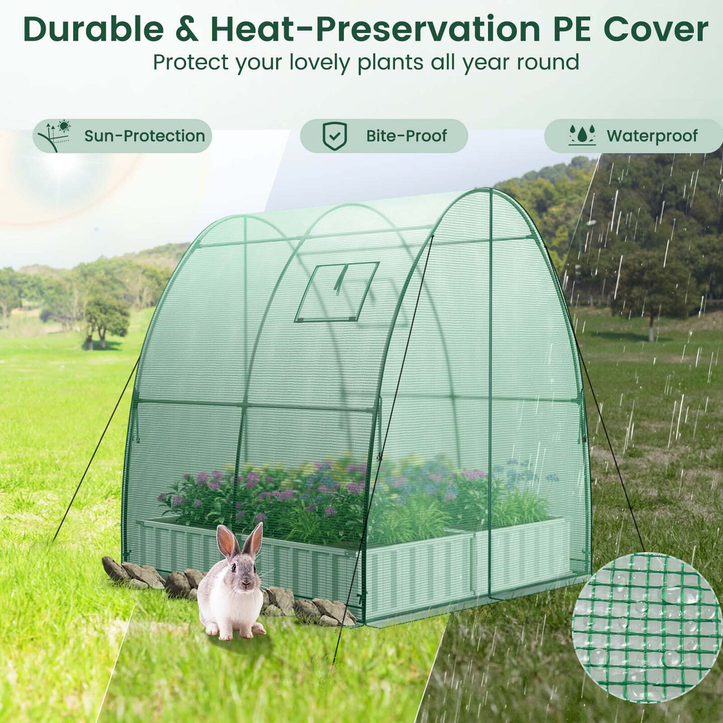 Costway Portable Greenhouse with 2 Zippered Doors 2 Roll-up Screen Windows 6 x 6 x 6.6 FT Green/White