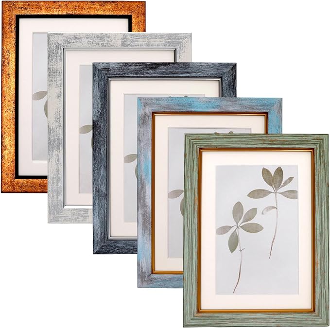 Set of 5 Vintage Photo Frames with Tempered Glass, suitable for wall and tabletop decoration.