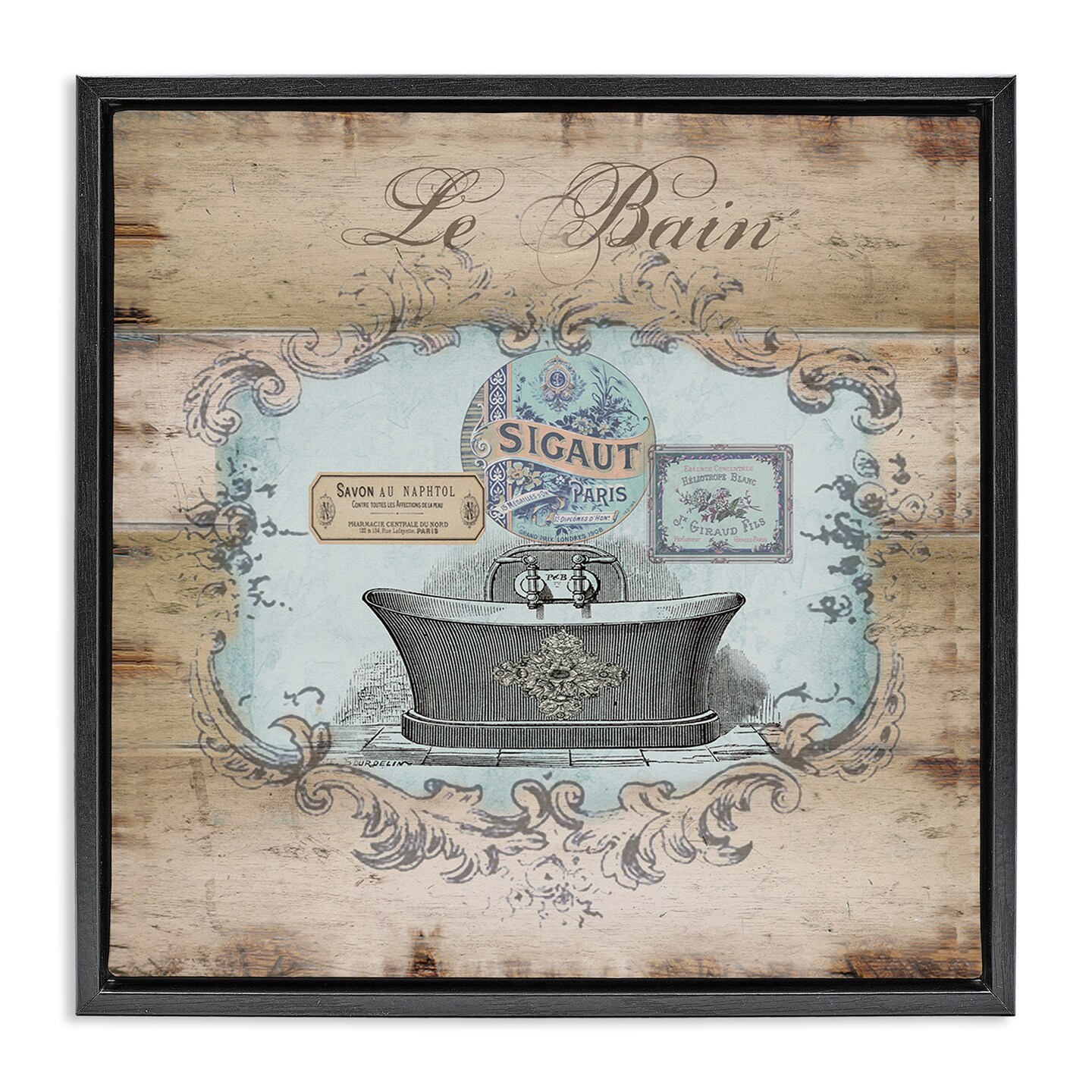 Stupell Industries Le Bain Vintage Style Bath Framed Floater Canvas Wall Art