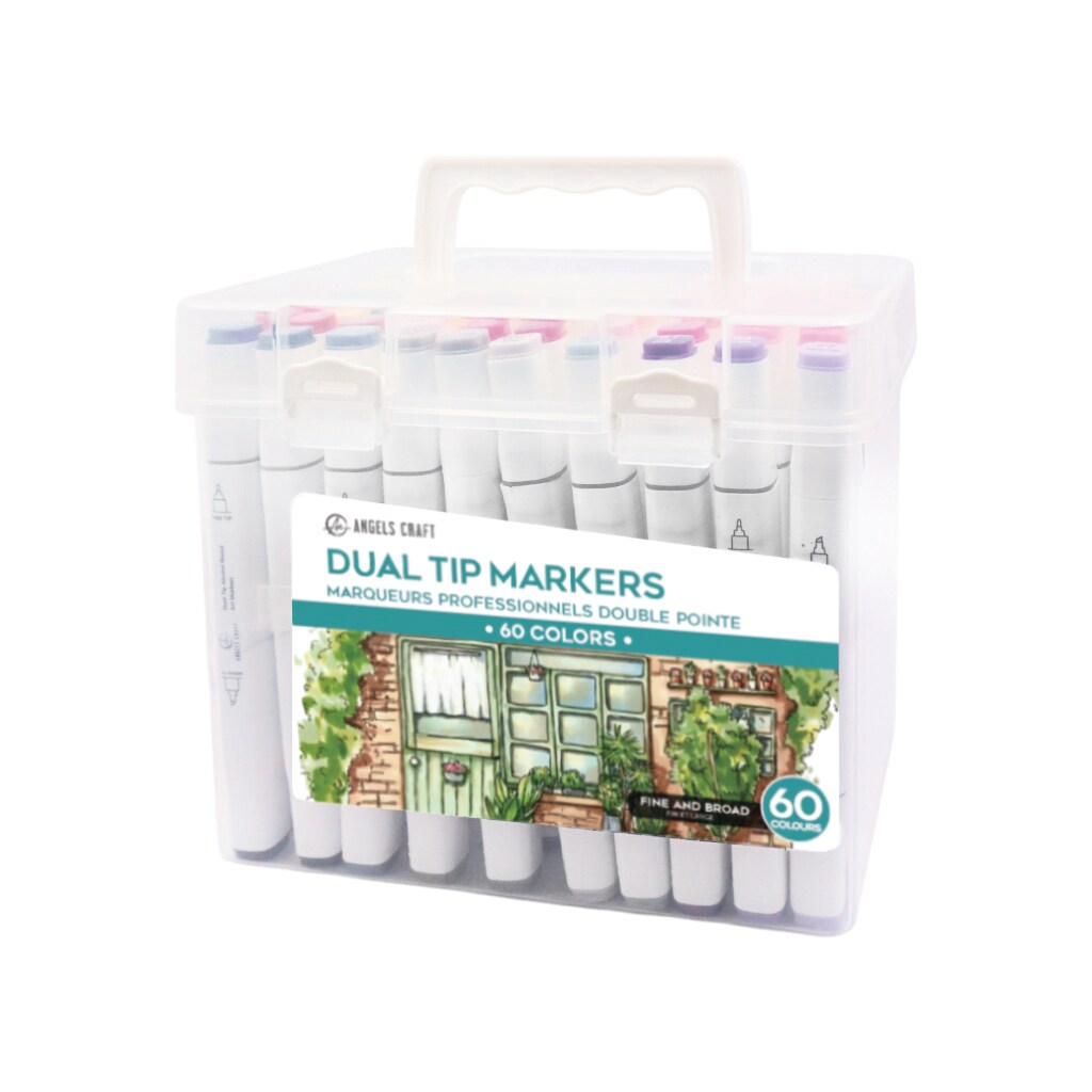 Angels Craft 60 Count Dual Tip Alcohol Markers in Primary Colors Includes Clear Plastic Storage Case