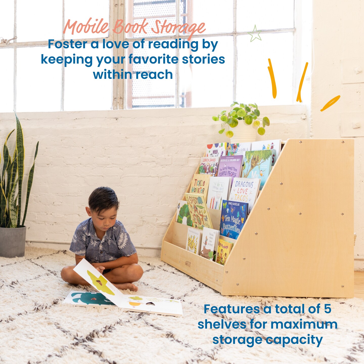 Double-Sided Mobile Book Display with Storage, Classroom Bookshelf