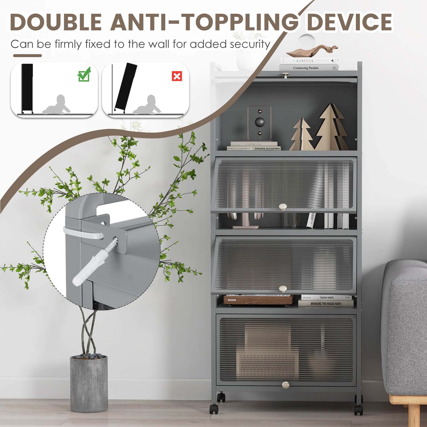 Costway 5-Tier Kitchen Baker's Rack Storage Cabinet Mobile Microwave Stand Flip-up Doors White/Black/Grey/Green