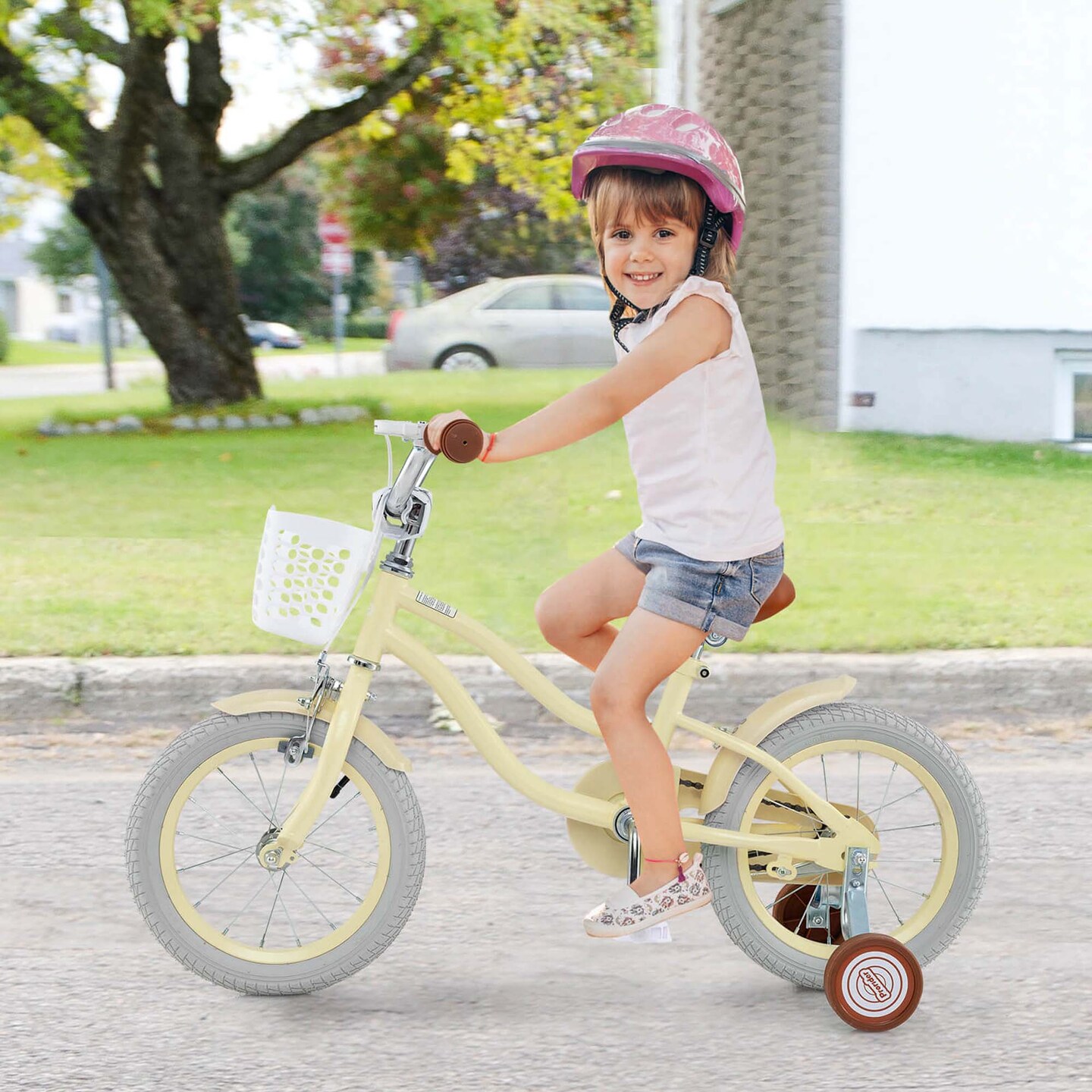 Costway 14&#x27;&#x27; Kid&#x27;s Bike with Removable Training Wheels &#x26; Basket for 3-5 Years Old Pink/Blue/Green/Beige/Purple/Light Blue