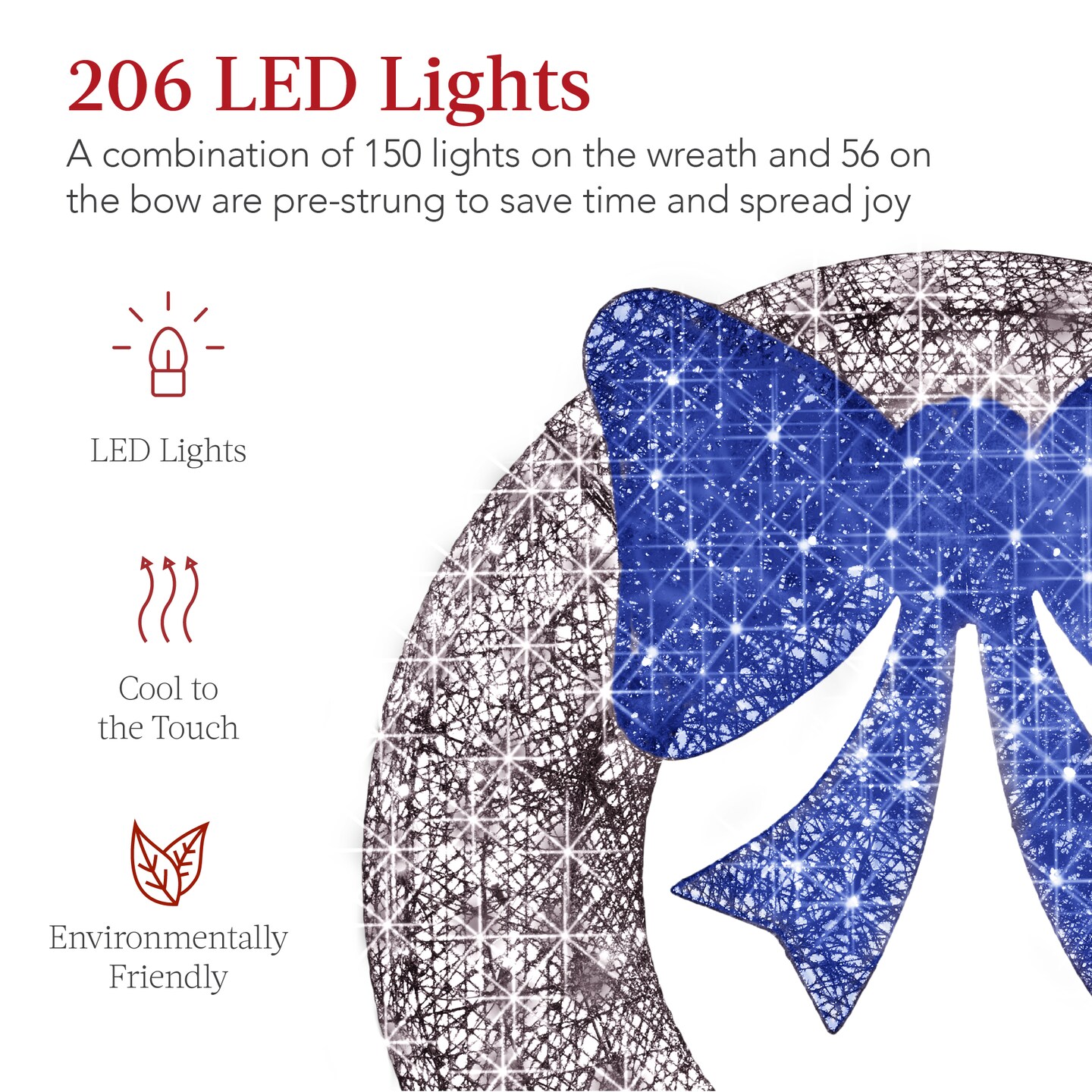 Best Choice Products 60in Pre-Lit Outdoor Christmas Wreath, LED Metal Holiday D&#xE9;cor w/ 206 Lights, Bow