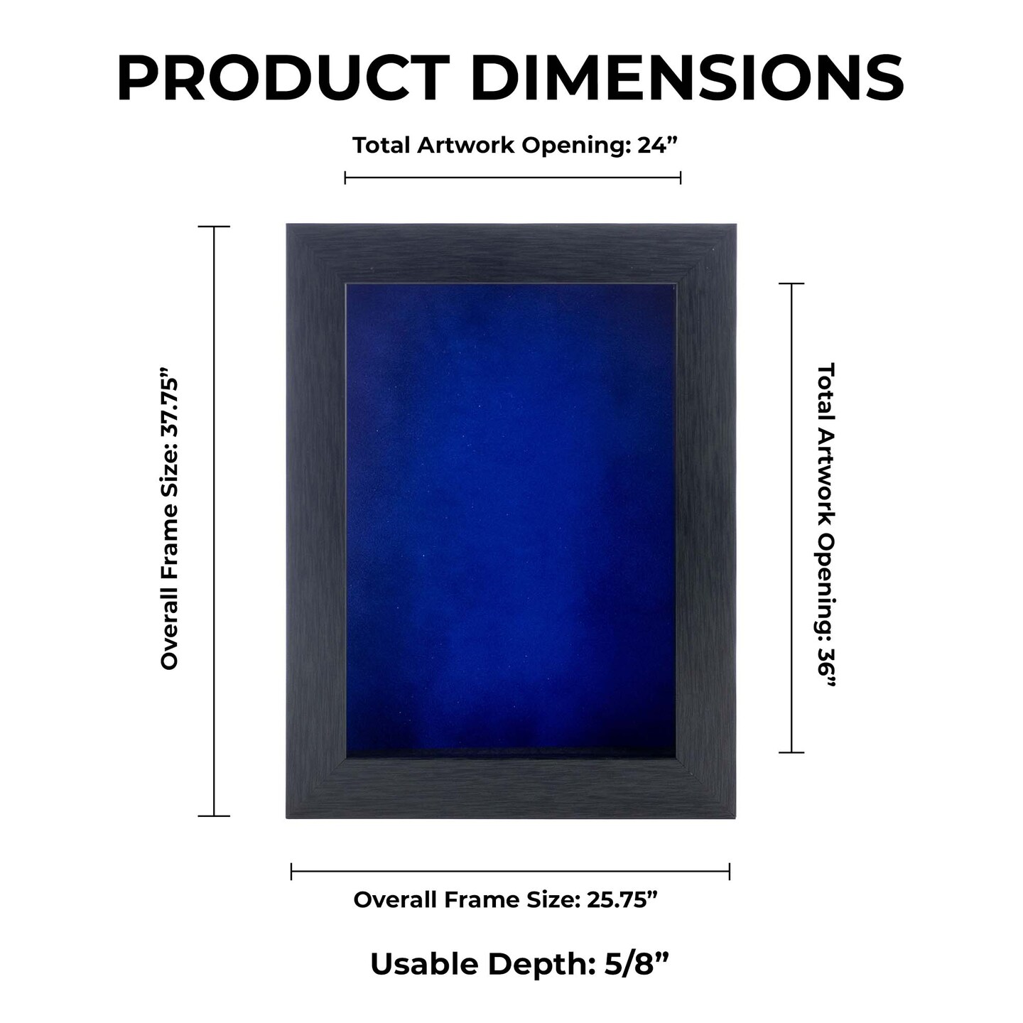 Elegant Charcoal Wood Shadow Box Frame with Acrylic Front - Royal Blue Suede Backing, 30 Sizes