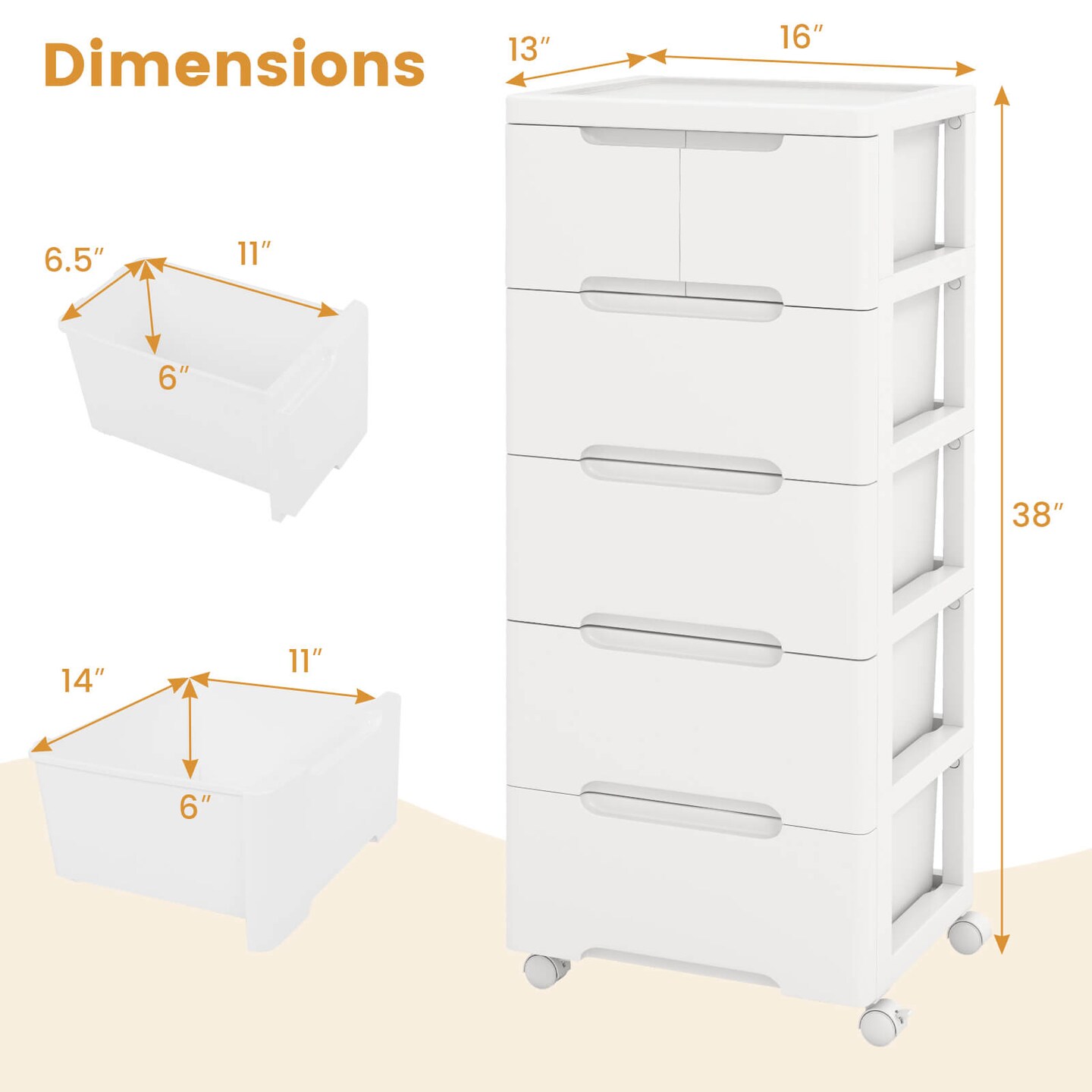 Costway 1/2 PCS 6-Drawer Plastic Rolling Storage Cart with 4 Universal Wheels Dresser Cabinet