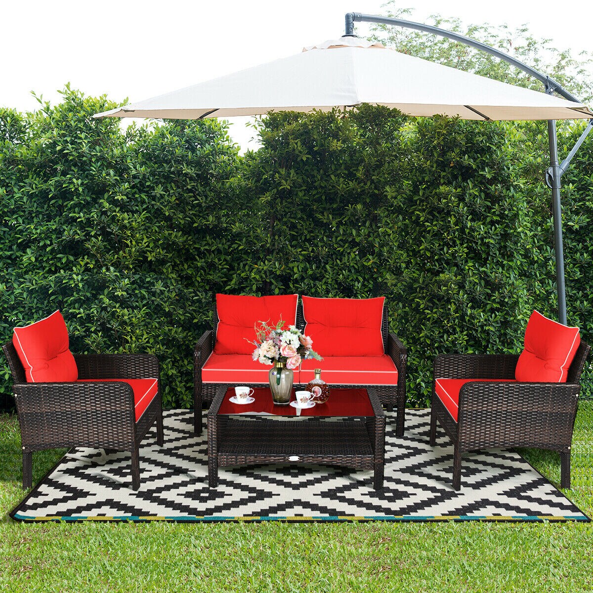 Costway 4PCS Patio Rattan Furniture Set Loveseat Sofa Coffee Table Cushioned Sofa Garden