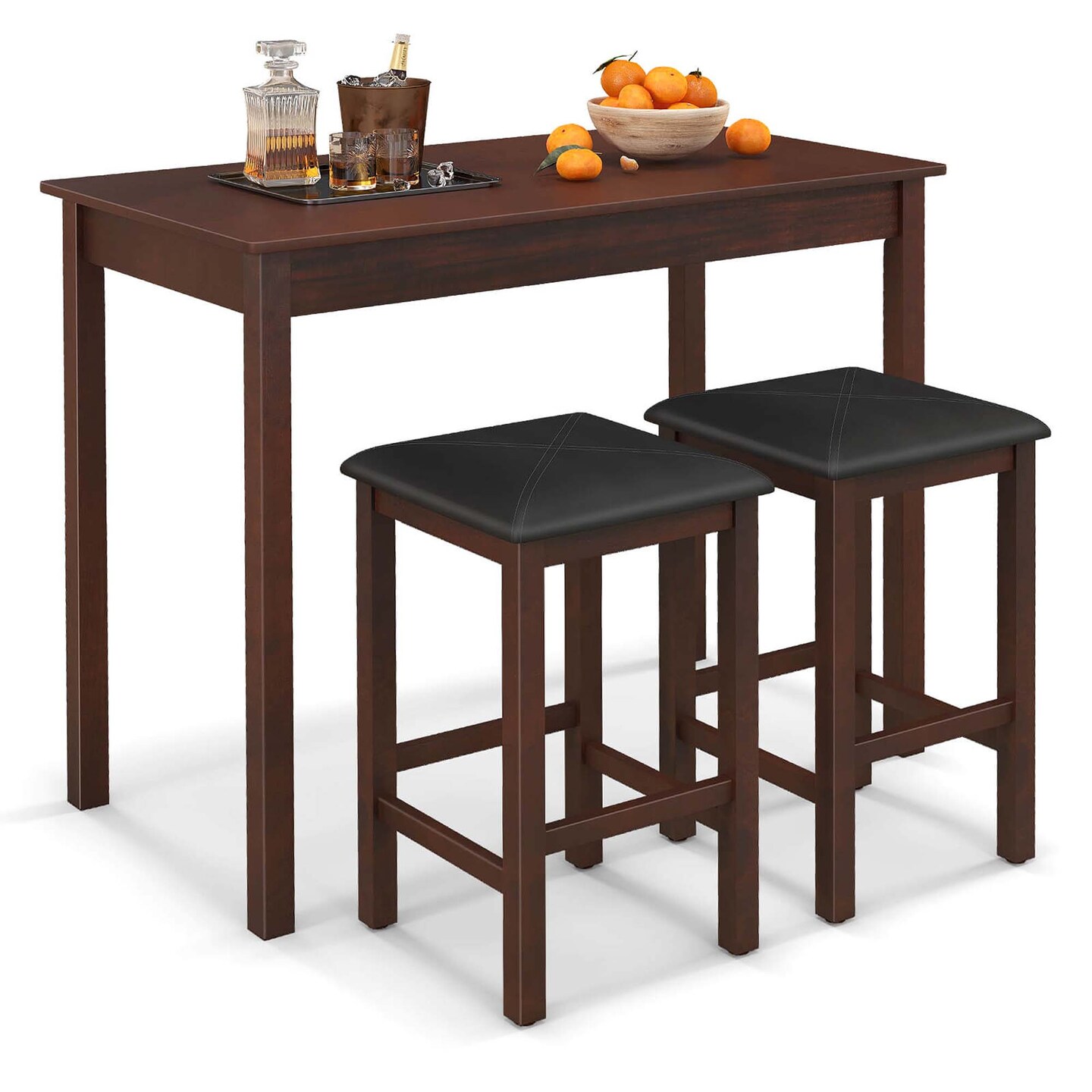 Costway 3 PCS Bar Table Set Dining Table &#x26; 2 PVC Leather Upholstered Bar Stools Rustic Brown/White