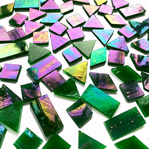 280 Pieces Iridescent Green Mosaic Tiles for Crafts,  Mixed 4 Shapes Stained Glass Sheets, Stained Glass Supplies for Mosaic Projects