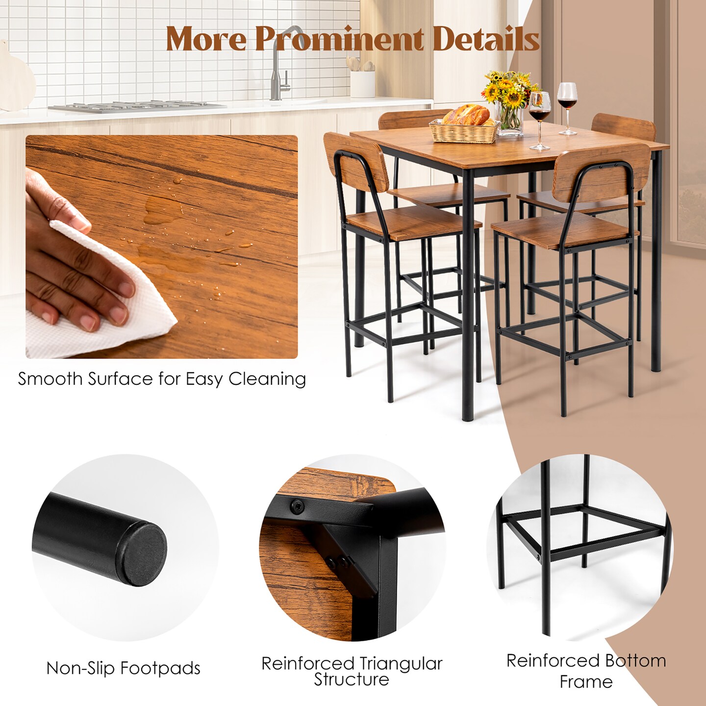 Costway 5-Piece Industrial Dining Table Set with Counter Height Table &#x26; 4 Bar Stools Black/Grey/Walnut