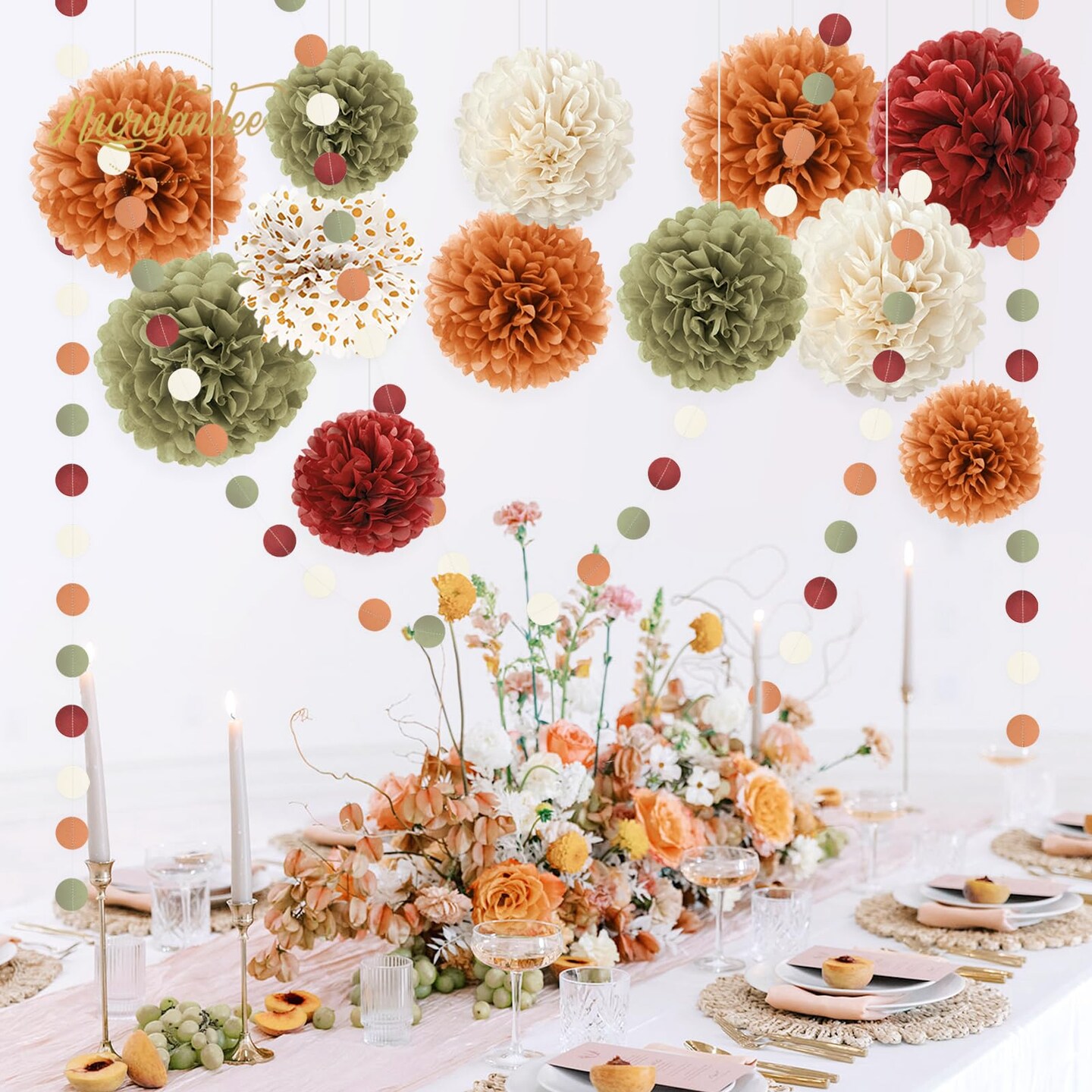 15 Pieces Fall Wedding Decorations - Pumpkin Orange Sage Green Ivory Tissue Pom Poms Decor, Dots Paper Garland for Thanksgiving, Baby Shower, Autumn Harvest Party Supplies