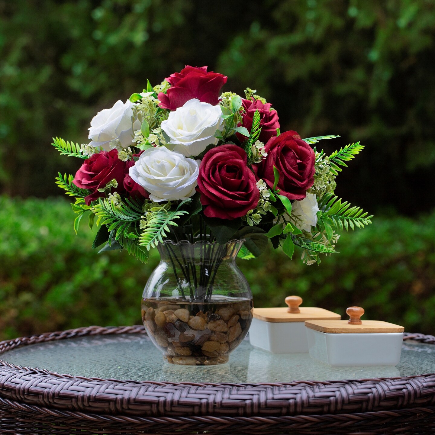 18 Heads Silk Rose Artificial Flowers in Vase,Faux Rose Flowers Arrangement in Round Bowl Vase with Faux Water and River Rock for Table Deco product 6