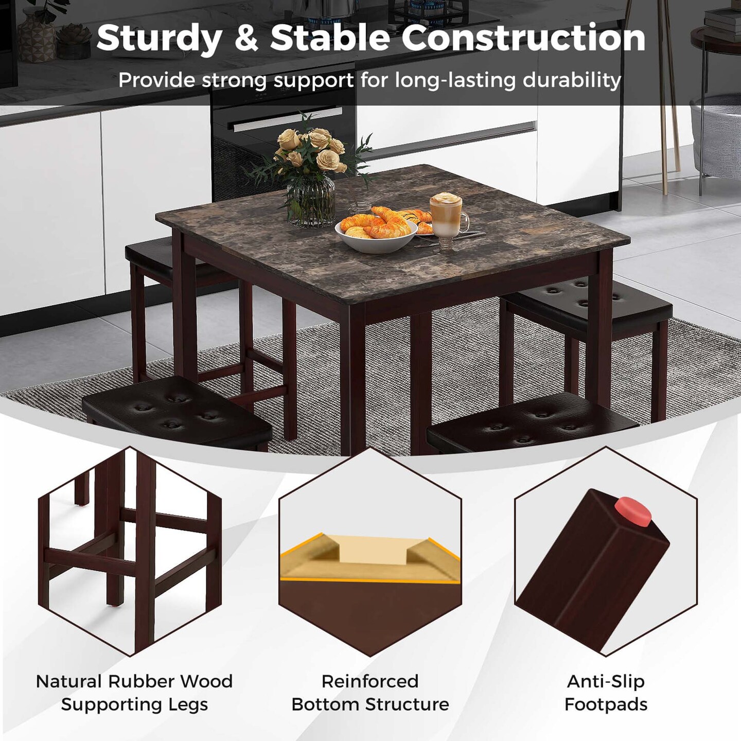 Costway 5 PCS Bar Table Set Square Dining Table &#x26; 4 PVC Leather Upholstered Bar Stools Brown/White
