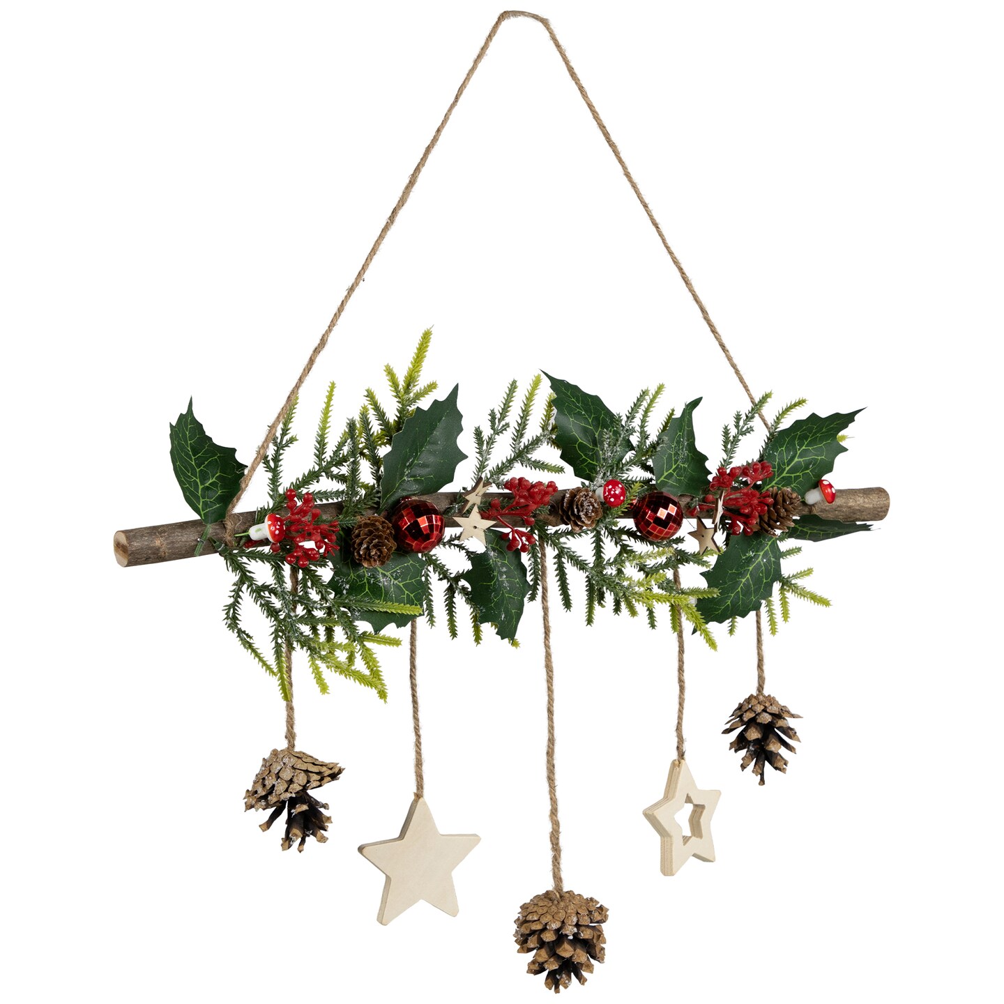Northlight Holly Branch with Stars and Pinecones Christmas Wall Decoration - 20.75" - Red