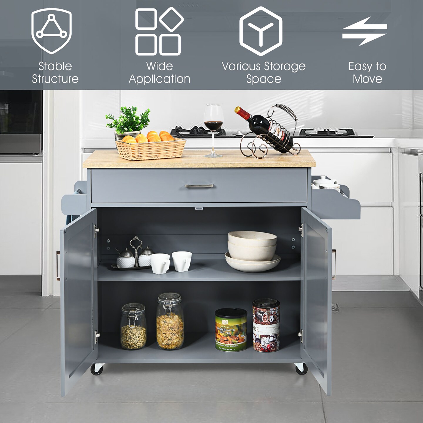Costway Rolling Kitchen Island Cart Storage Cabinet w/ Towel &#x26; Spice Rack White\Black\Cherry\Gray