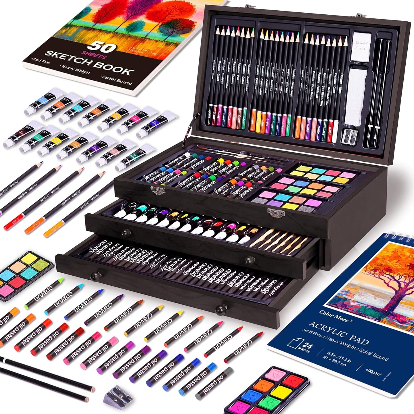 175 Piece Deluxe Art Set with 2 Drawing Pads, Acrylic Paints, Crayons, Colored Pencils, Paint Set in Wooden Case, and Professional Art Kit.Art supplies for adults, teenagers, and artists, paint supplies