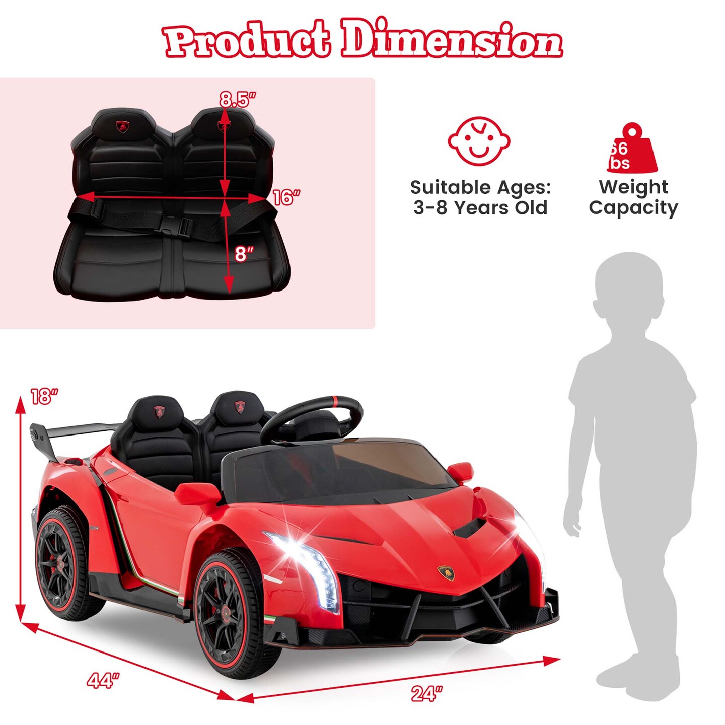 Costway Licensed Lamborghini 4WD Kids Ride-on Sports Car 12V Battery Powered 2.4G Remote Pink/White/Green/Black/Red