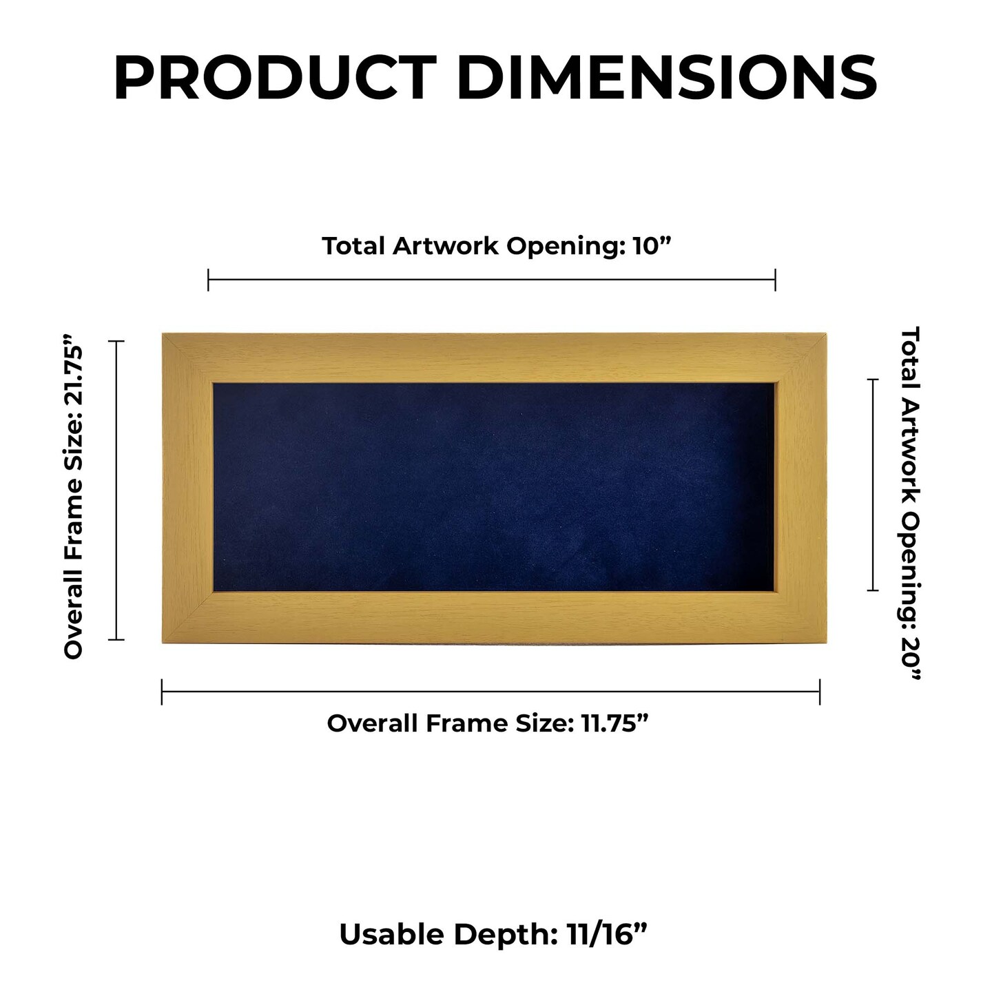 Classic Natural Wood Shadow Box Frame with Acrylic Front - Navy Blue Suede Backing, 30 Sizes