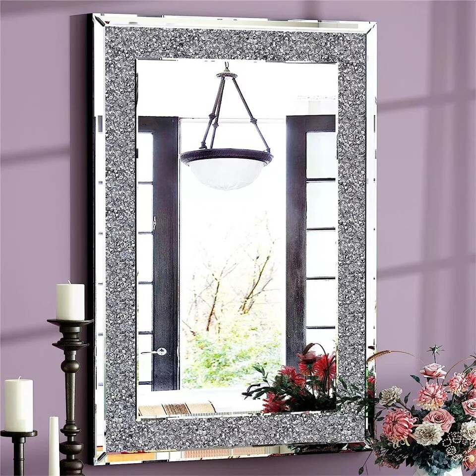 120cm Long Mirror Rectangle Silver Sparkly Crush Diamond Wall Mounted Home Décor
