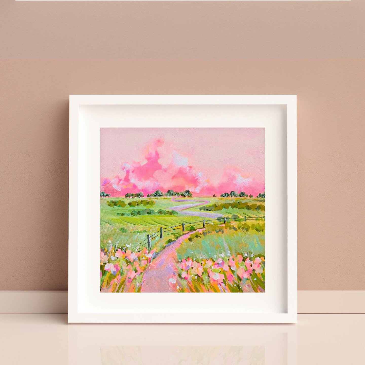 Wildflowers Countryside Landscape in Happy Bright Colors- Art