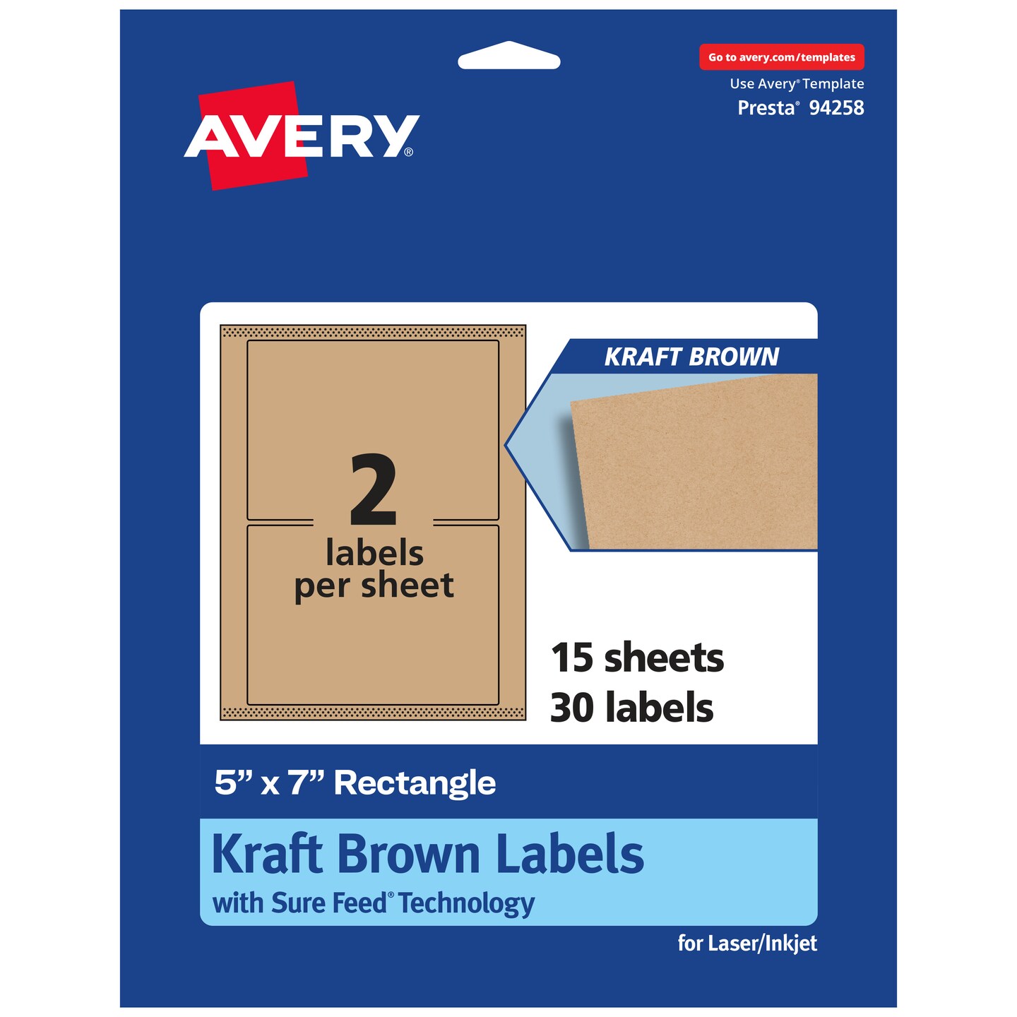 Avery Kraft Brown Rectangle Labels with Sure Feed, 5&#x22; x 7&#x22;