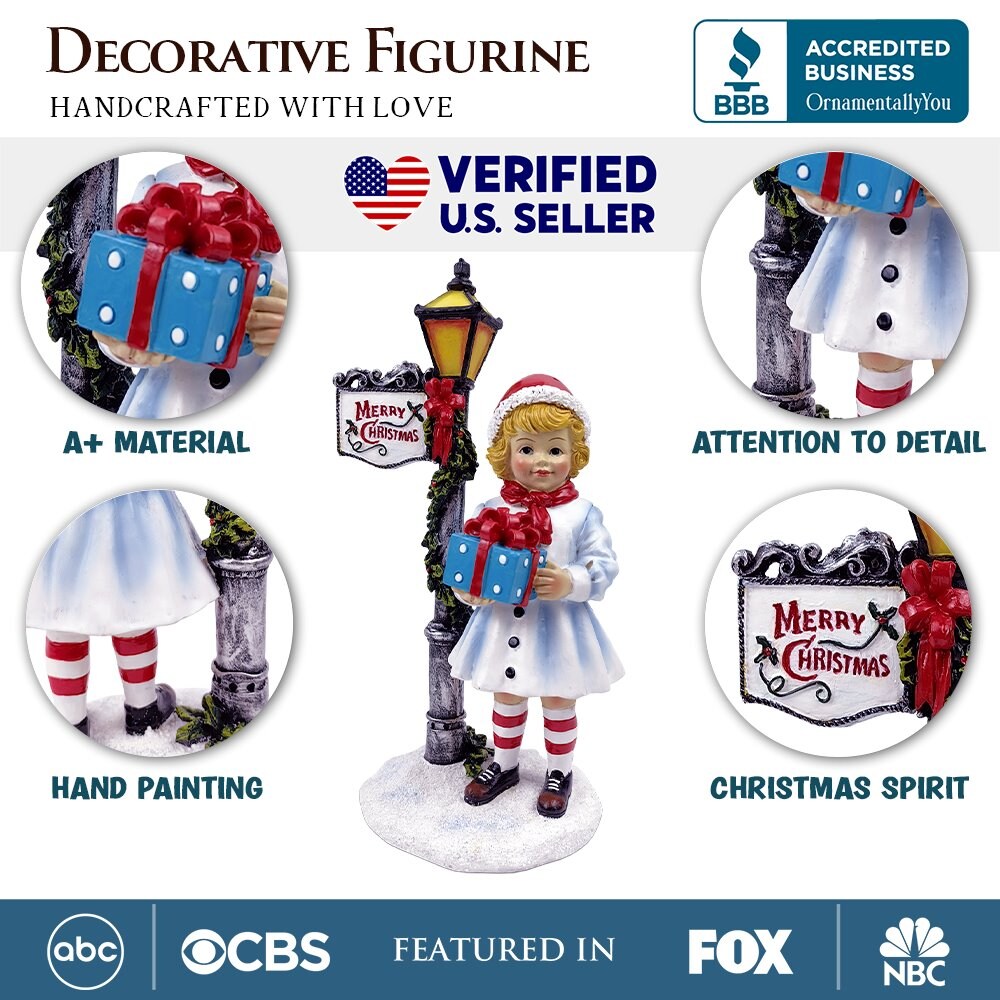 Victorian Style Christmas Girl and Street Lamp Tabletop Figurine, 8" Vintage Holiday Statue of a Gift Carrying Belle