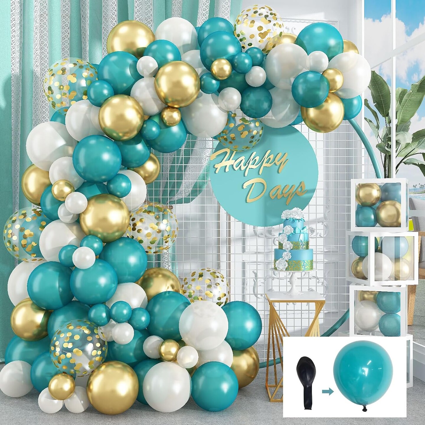 Matte Turquoise Blue Pearl White Balloons Garland Arch Kit Metallic Gold Balloon with Gold Confetti Latex Balloon Teal Blue Balloons Chrome Gold Party Decorations