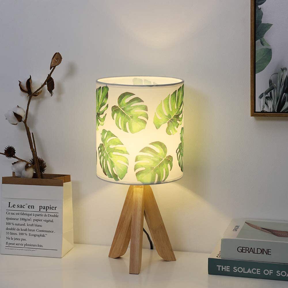 Small Tripod Table Lamp with Wooden Base - Modern Mini Nightstand Light for Bedroom, Desk, Nursery (Leaf Pattern Shade, UL-Listed)