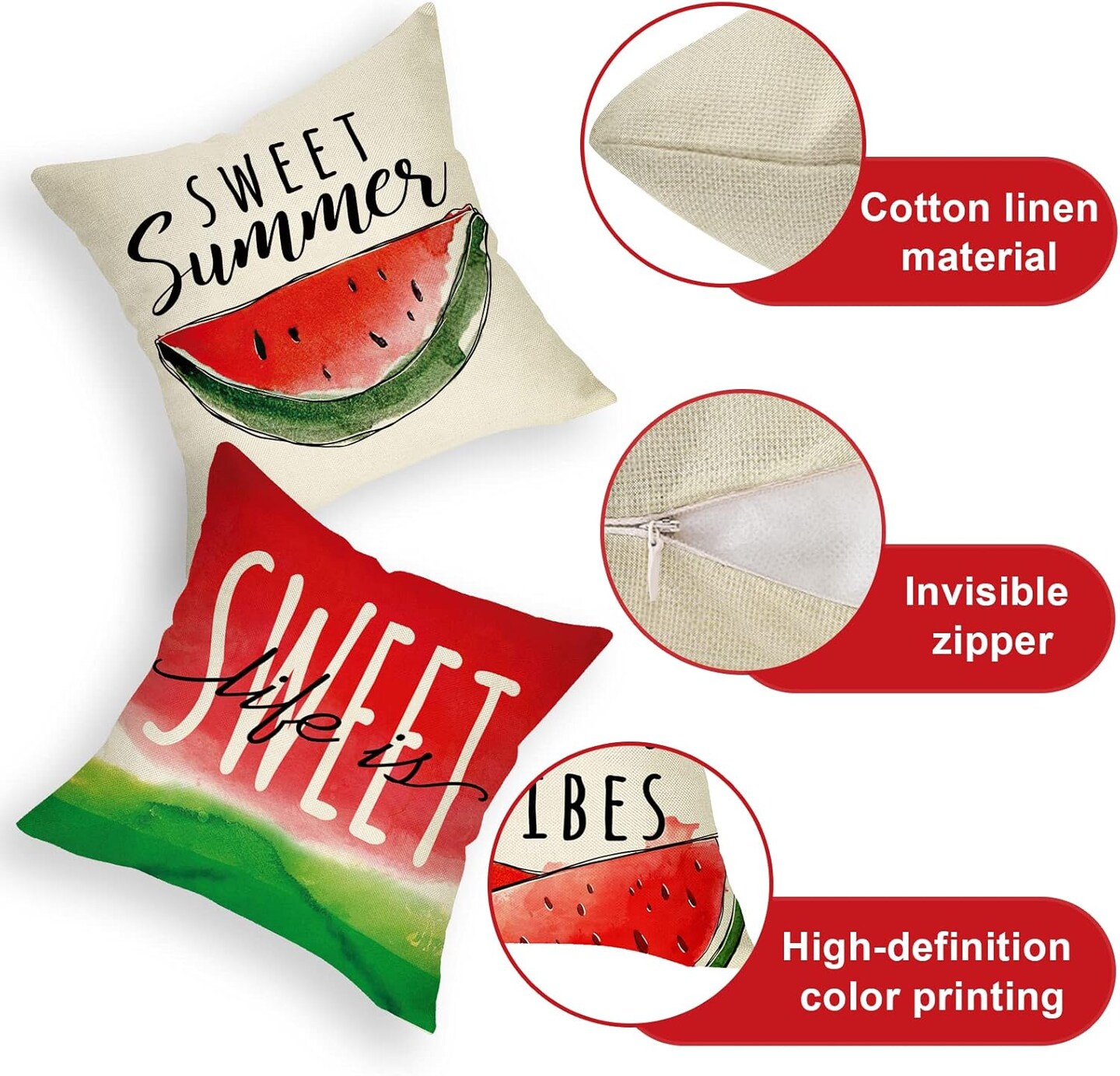 Hello Summer Watercolor Watermelon Decorative Throw Pillow Covers 18 x 18 Set of 4, Life is Sweet Cushion Case Decor, Seasonal Home Decoration for Sofa Couch