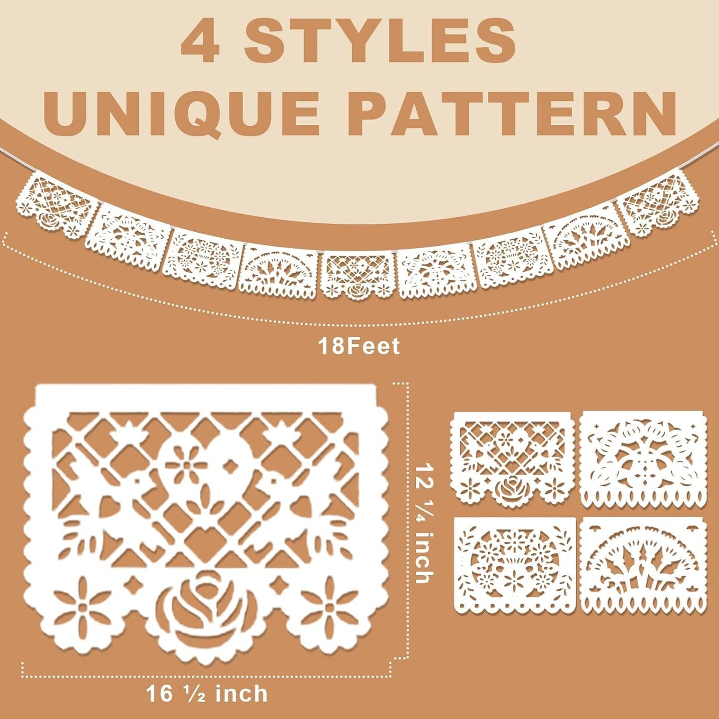 5-Pack White Papel Picado Banners – 90 ft Cinco de Mayo Mexican Fiesta Party Decor, 4 Patterns