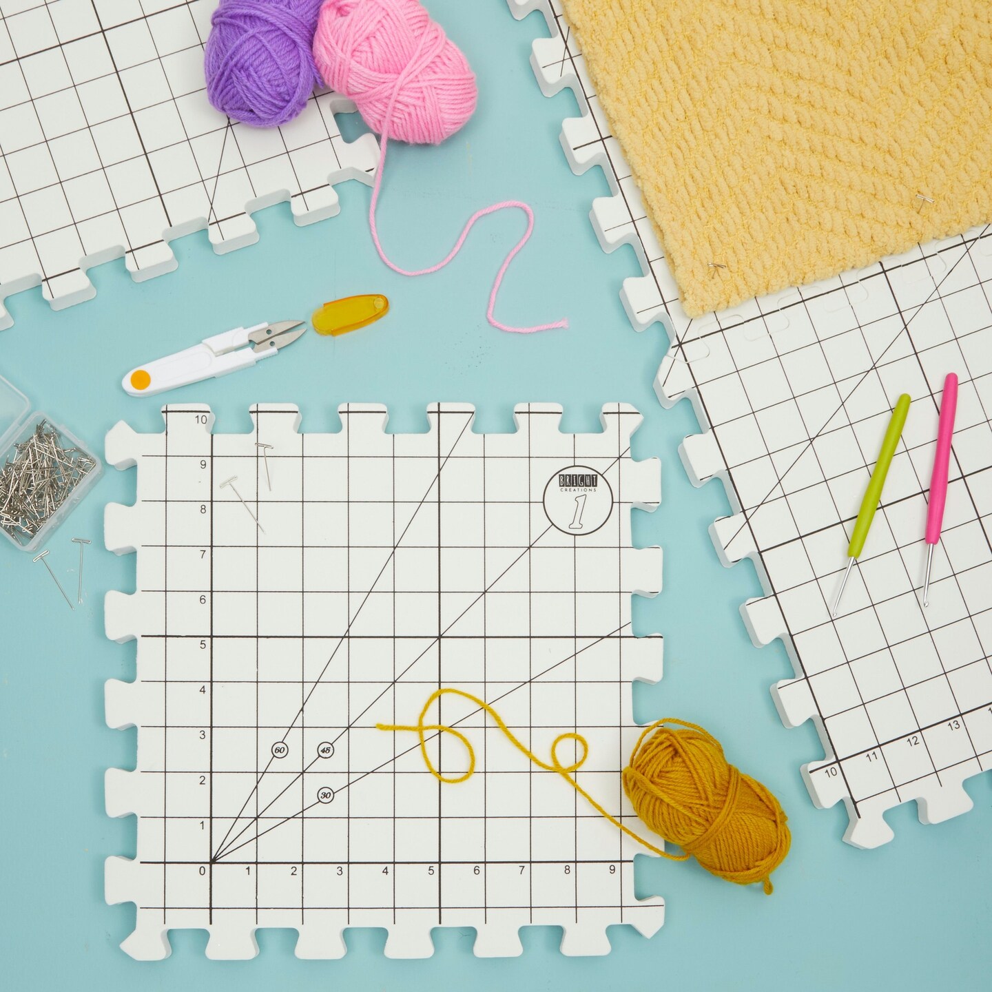 Bright Creations 9 Extra Thick Blocking Board Mats for Knitting w/Grids, 200 T-Pins, 1 Storage Bag (210 Pieces)