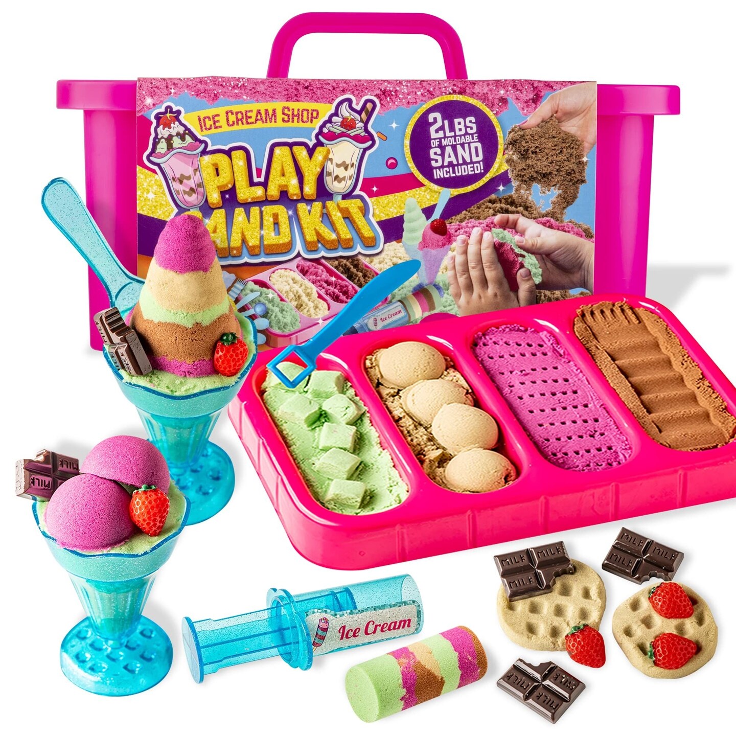 GirlZone Ice Cream Shop Play Sand for Kids, 2lbs Moldable Colorful Sand Kit, 22pcs With Serving Tools, Glasses, Spoon, Decorations &#x26; Stickers, Fun Sensory Toy for Kids, Ideal Easter Gift for Children