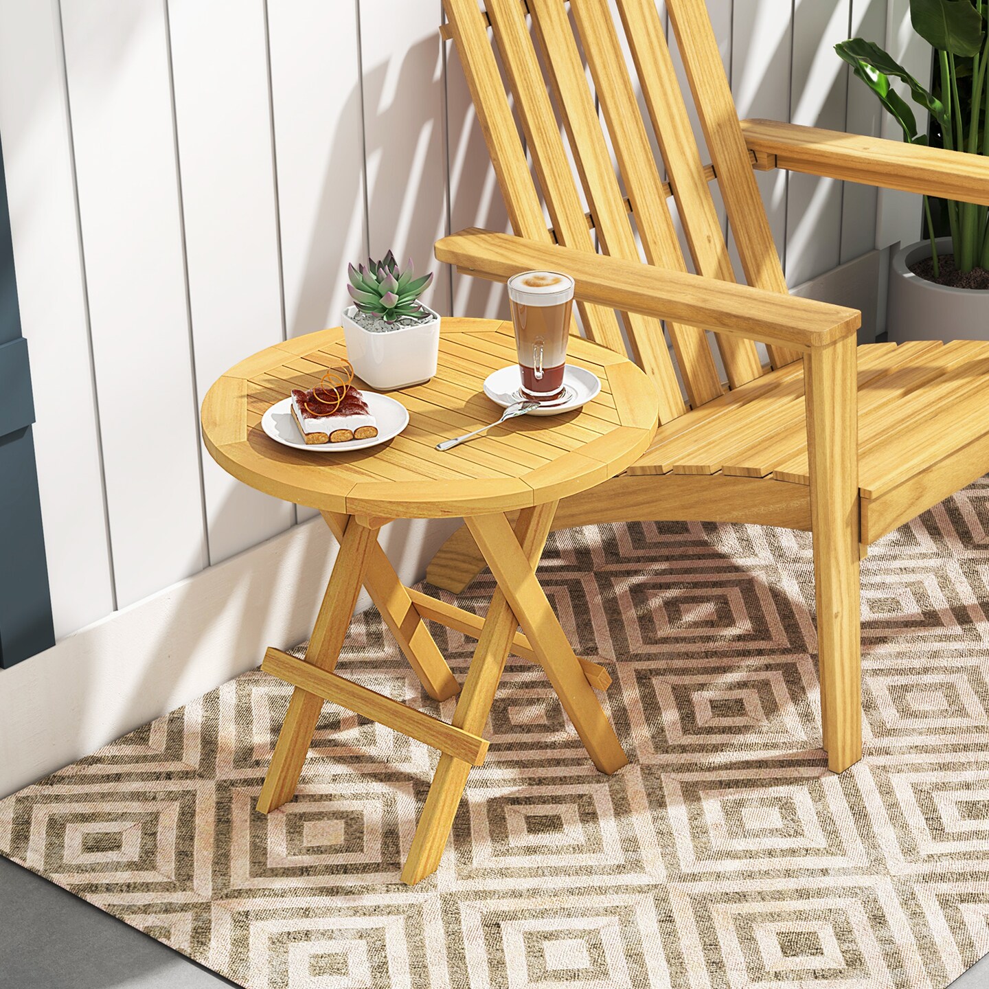 Teak Wood Folding Side Table with Slatted Top, X-Shaped Base and Versatile Outdoor Use
