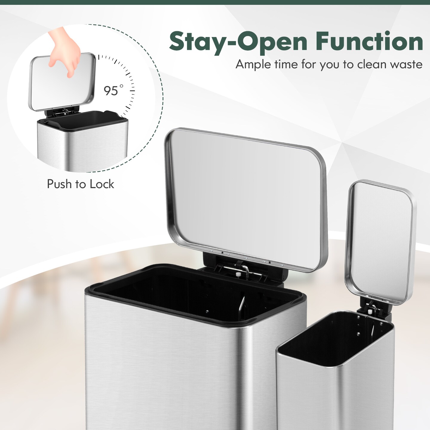 Silver & Rose Gold Stainless Steel Dual Trash Cans with Soft Close