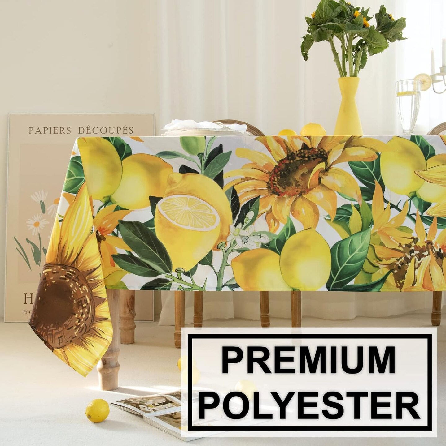 Summer Sunflower and Lemonade Watercolor Style Tablecloths 60*120, Sunflowers Table Cloth Floral Table Cover, Water Resistant Morocco Lemon and Sun Flowers Oblong Tablecloth - Summer Flower Table Settings