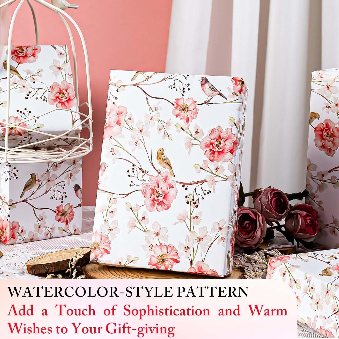 Gift Wrapping Paper Roll - Romantic Watercolor Pink Flower and Birds Design Gift Wrap Paper