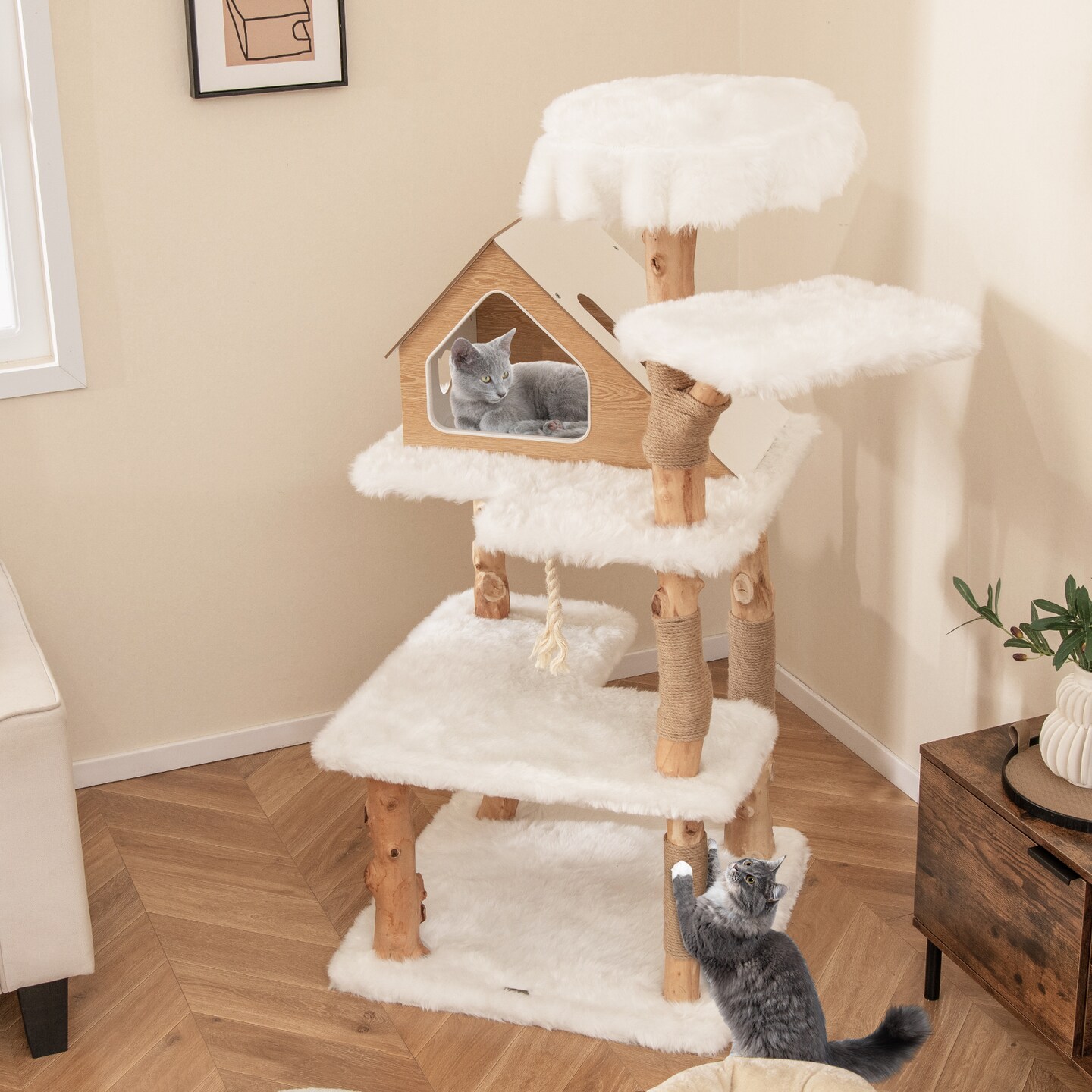60 Inch Tall Wooden Cat Tree Tower with 2 Cozy Perches and 2 Large Platforms